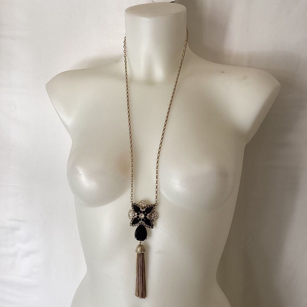 2123 STONY 40" Long Sparkly Black Y-Necklace Gold Tone Tassle lead/nickel free